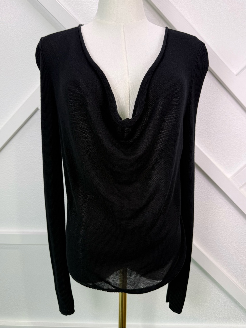Eileen Fisher Black Tencel Rib Knit Drape Cowl Neck Sweater Top Size Small